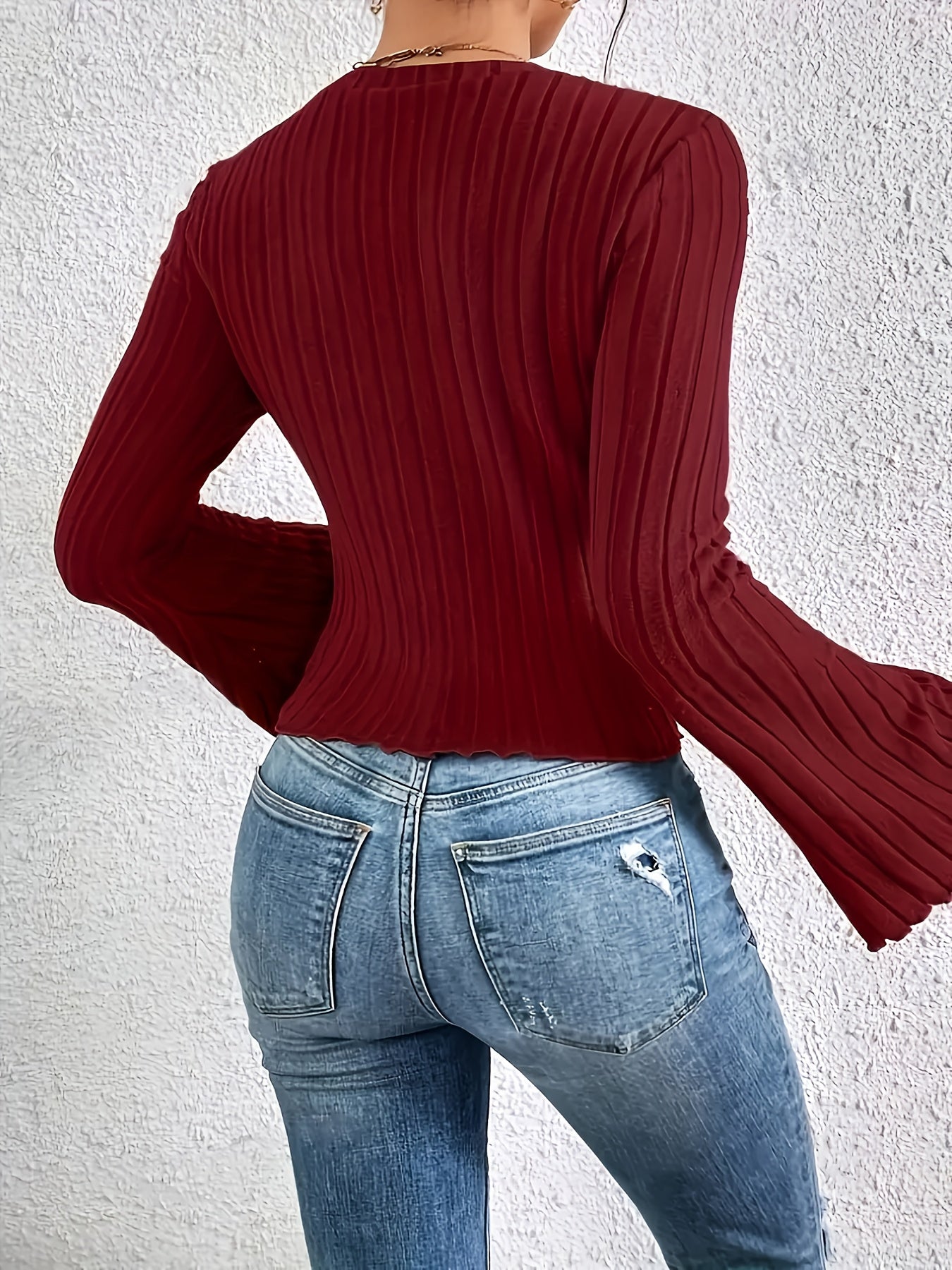 1pc Elegant Polyester Trumpet Sleeve Top for Women - Solid Color Crew Neck Knit Fabric Blouse for Fall/Winter Season